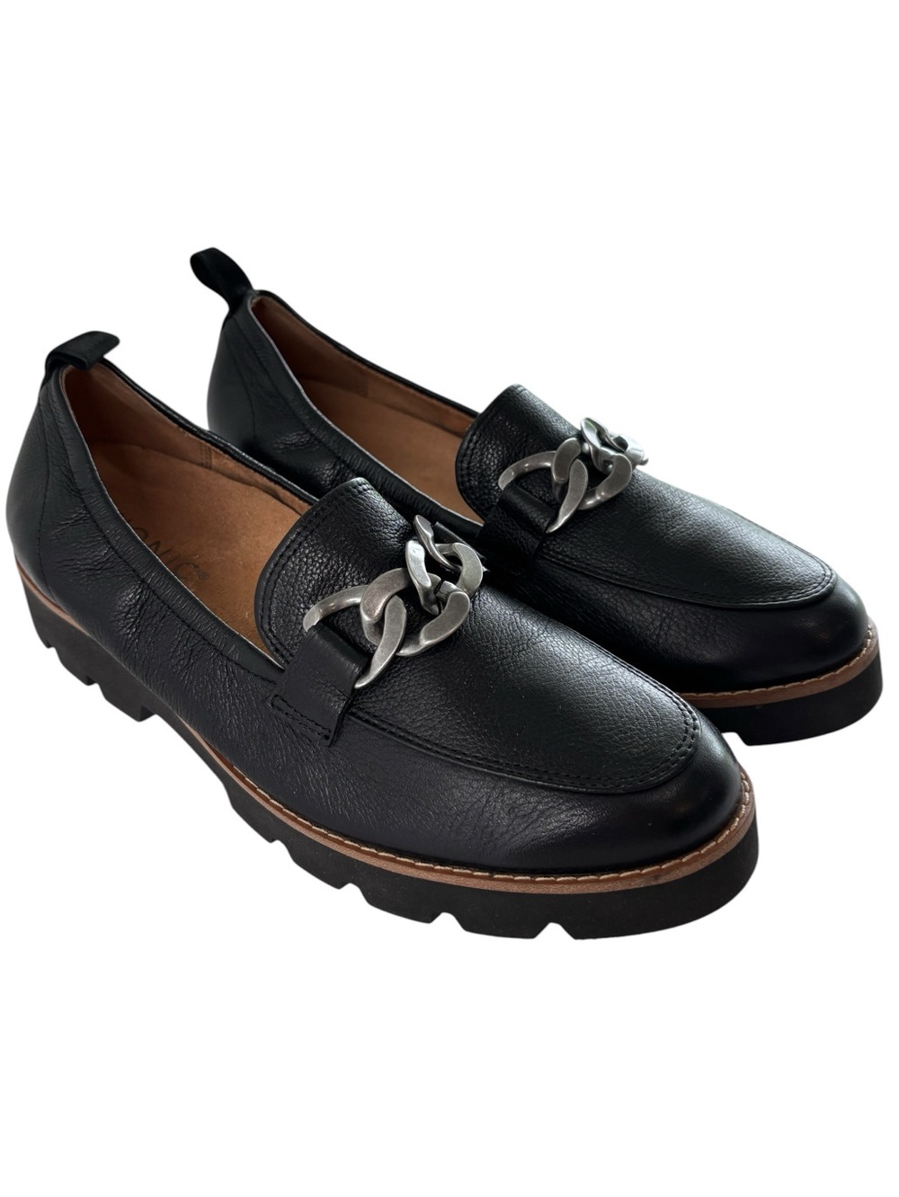 Vionic Cynthia Black Chain Loafer Shoes Size 6.5 Orthotic Arch Support Lug Sole